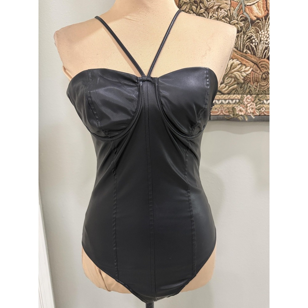 Zara Bodysuit Womens Small Black‎ Faux Leather Underwire Strappy High Leg